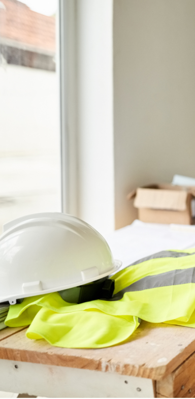 Part one of two images, showing a hard hat and hi-visibility vest on a desk.